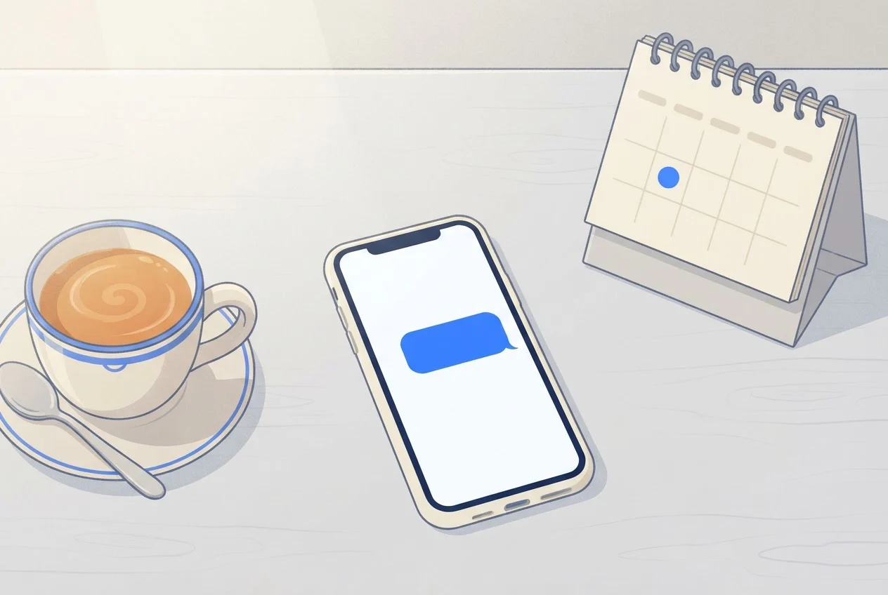 A phone with a sent message bubble beside a desk calendar with one day marked and a cup of chai.