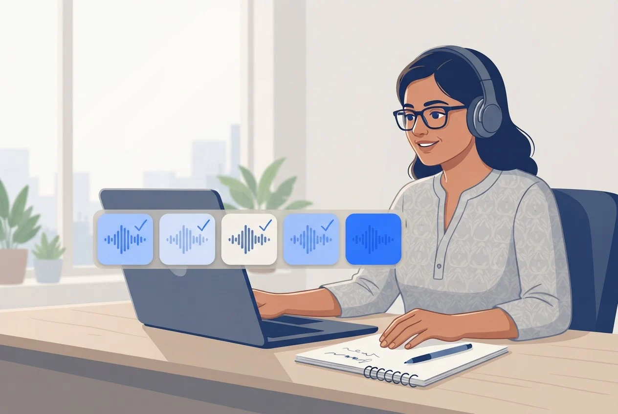 A manager with headphones reviewing five recorded call cards on a laptop, some marked with blue ticks.