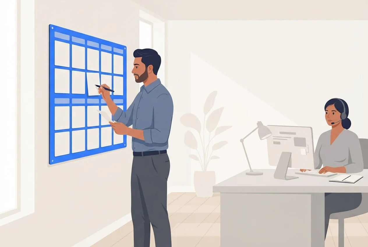 A sales team lead reviews sheets in front of a two-week wall planner while a telecaller sits at a desk nearby.
