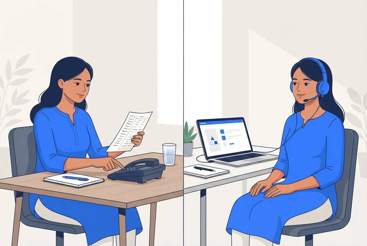Two desk scenes compare a telecaller dialling by hand from a paper list with one using a headset and an automatic dialer.