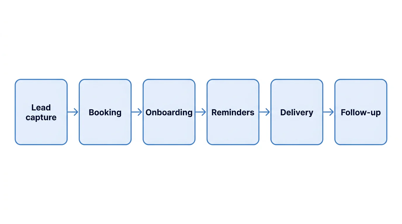 A six-stage client journey from lead capture to follow-up, showing the stages assessed by the audit.