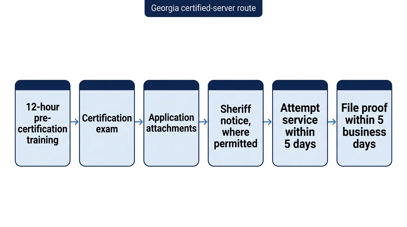 Six-step Georgia process-server sequence from pre-certification training through proof-of-service filing.