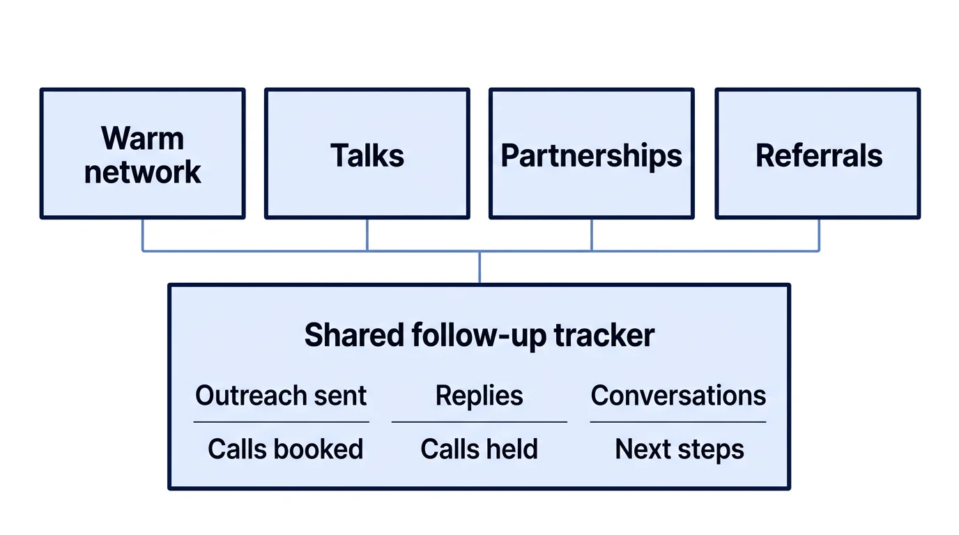 Four client-acquisition routes feed into one tracker with six conversation measures.