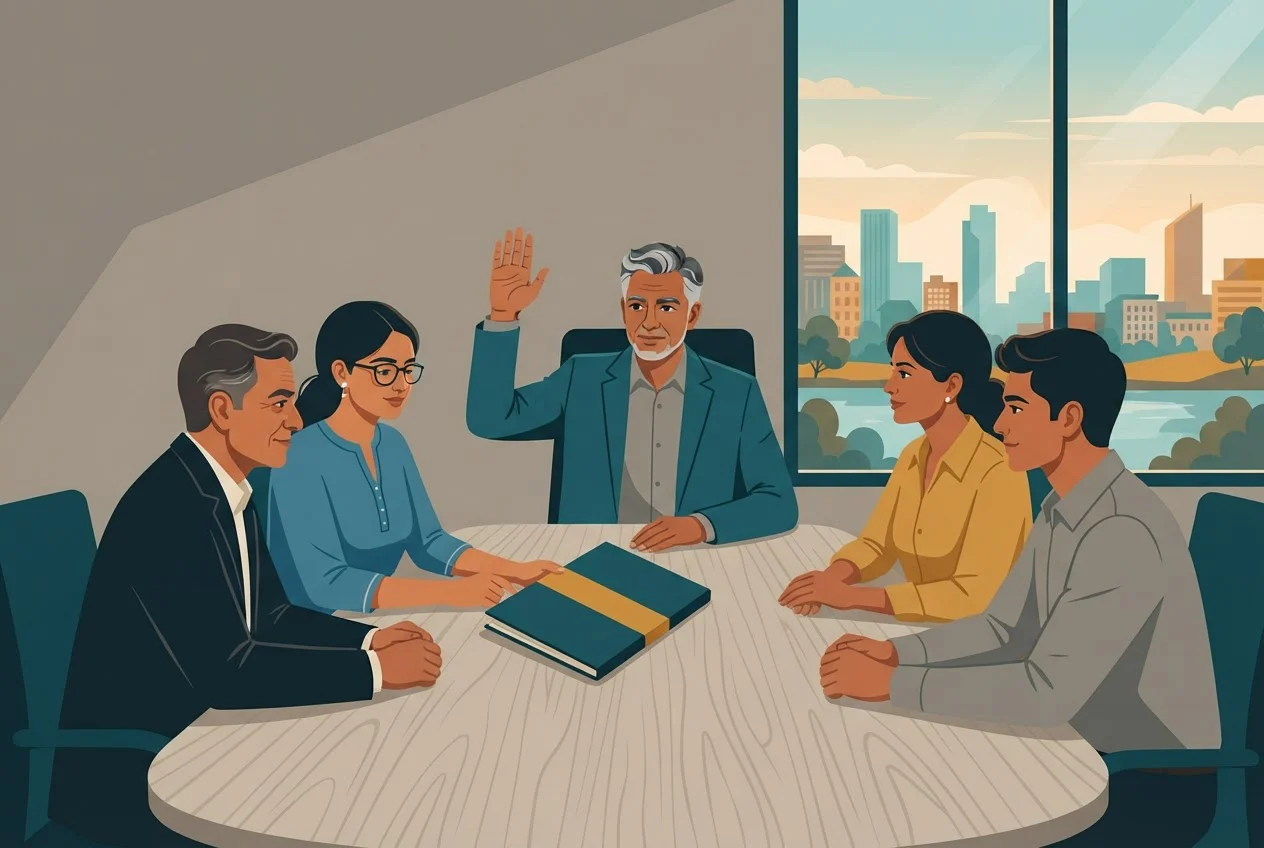 A steering committee around a boardroom table agrees on a decision with a closed folder at the centre.
