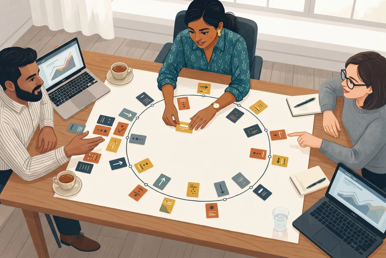 Three colleagues around a table move project cards along a looping track at different points.
