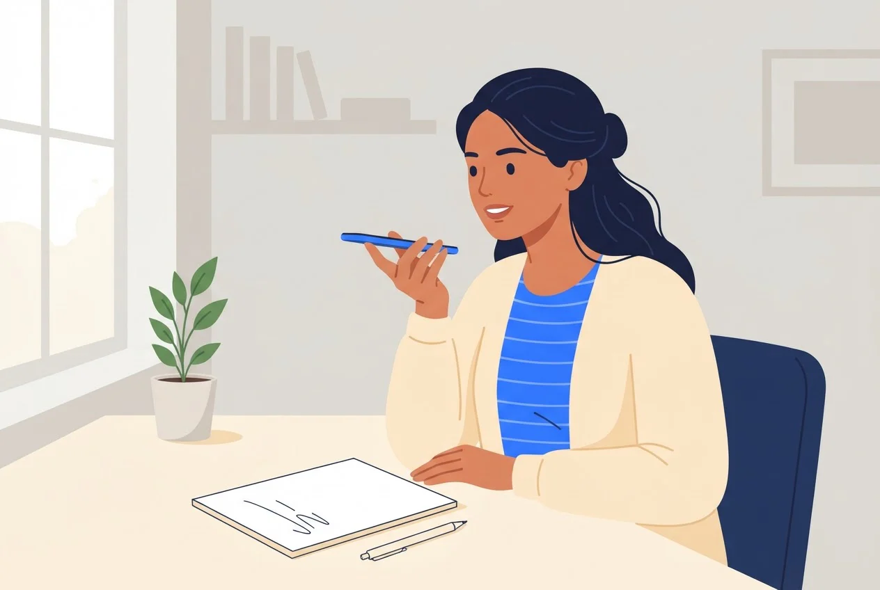 A woman at a desk holds her phone to her mouth and records a voicemail greeting.