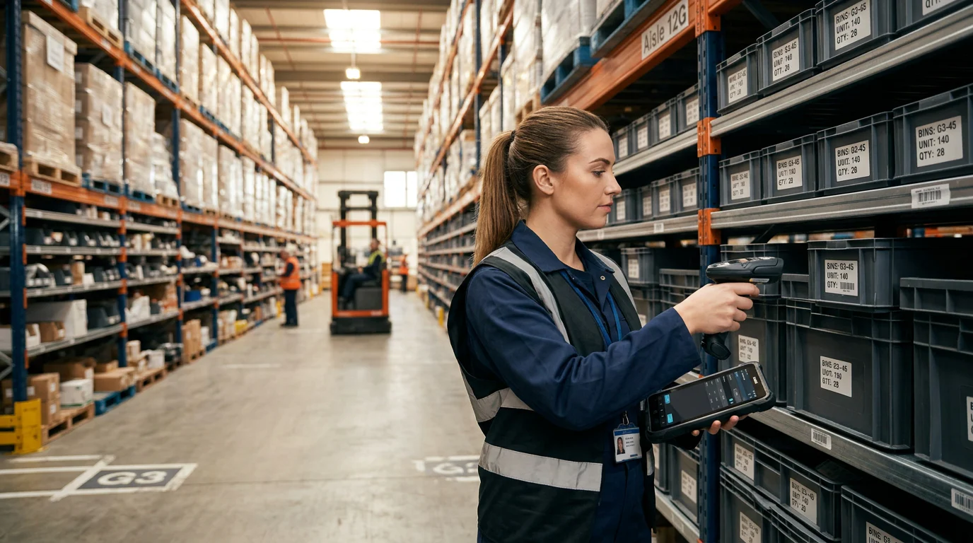 Warehouse associate scanning stock in bin locations