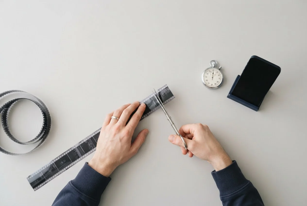 Hands cut a long strip of film down to a short one beside a stopwatch and a phone.