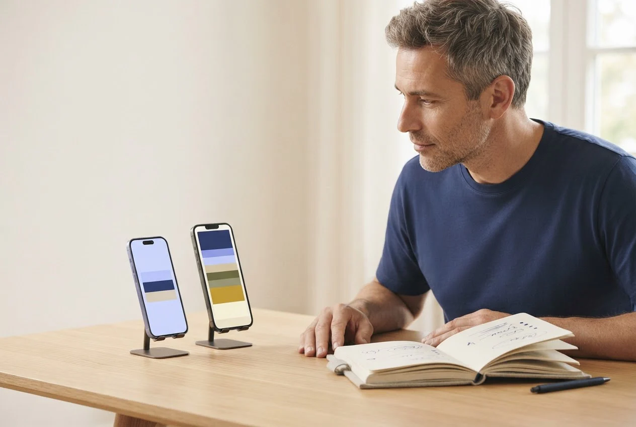 A man compares two phones side by side, one with a short video timeline and one with a long one.