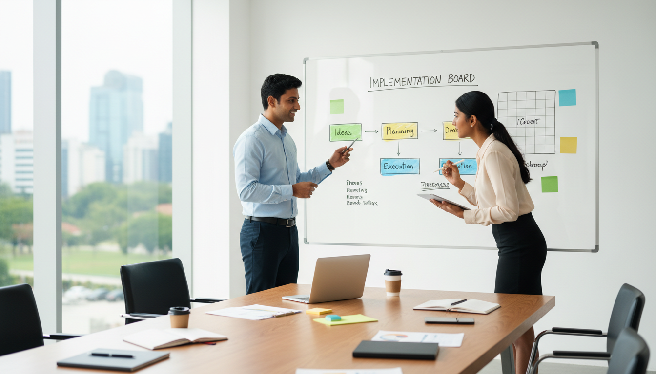 Founder reviewing a business implementation plan with a coach