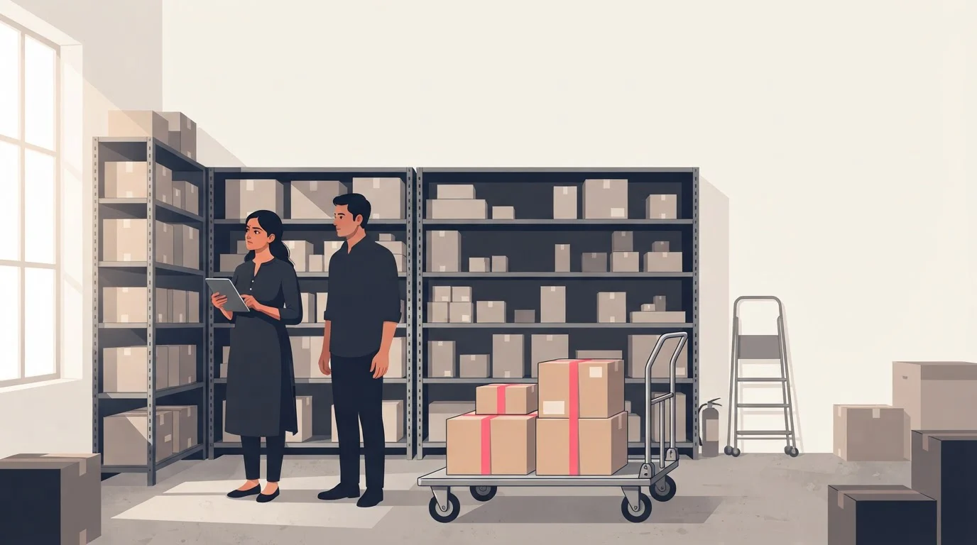 Two stockroom staff stand by full shelves while a trolley of strapped cartons waits to one side.