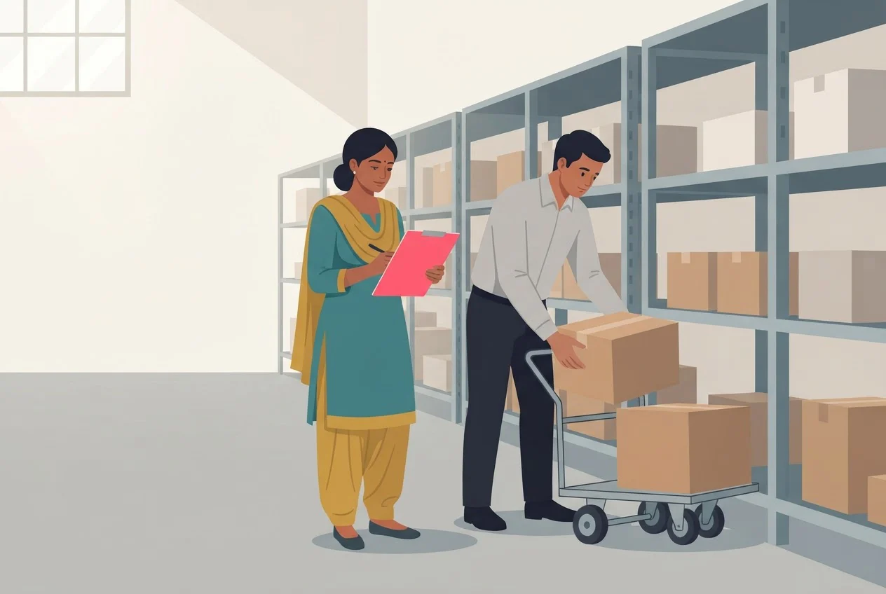 Two colleagues check one item at a shelf bay, taking a carton off the shelf to run a test.