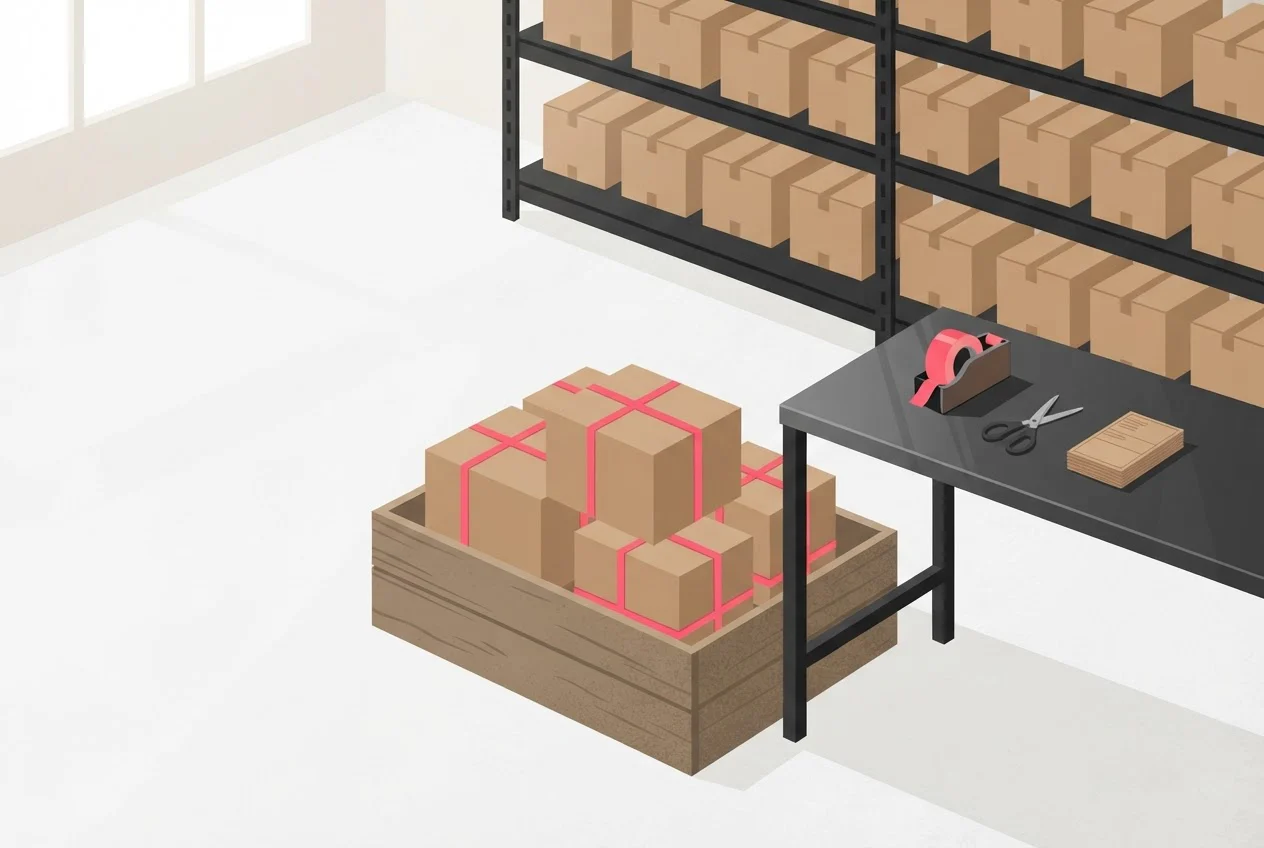 Pink-strapped cartons set aside in a crate in front of a shelf that still looks full.