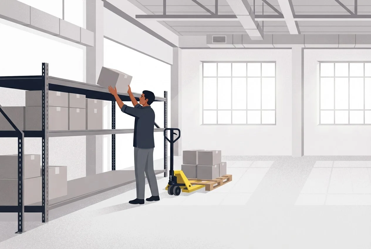 A warehouse worker places new cartons behind older ones on a shelf while a pallet jack waits nearby.