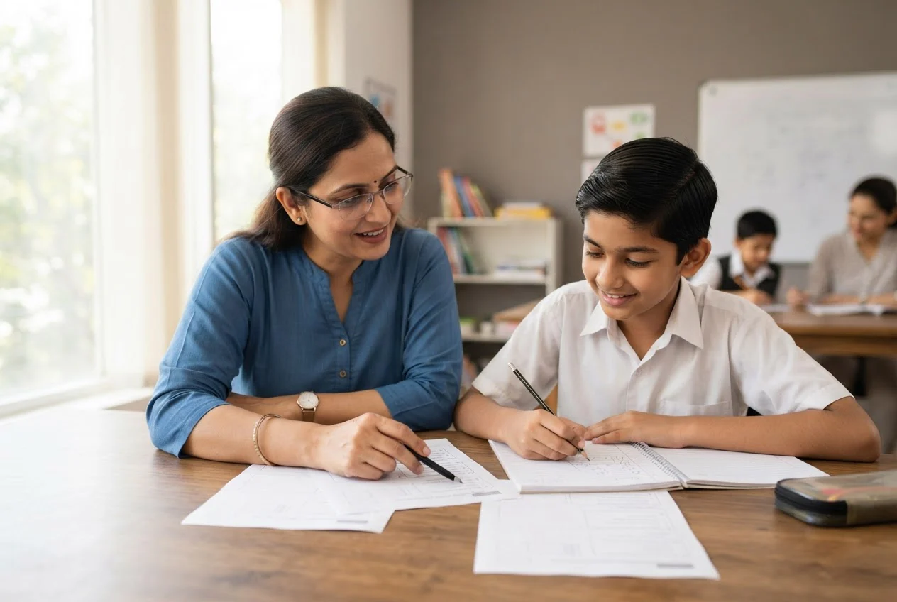 A teacher and a student review the student's notebook and mock-test sheets together at a classroom table.