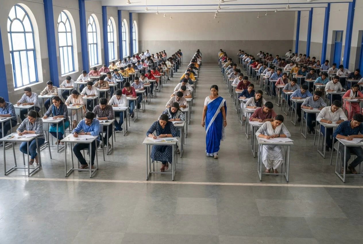 Students sit at desks in a quiet exam hall writing their papers while an invigilator walks the aisle.