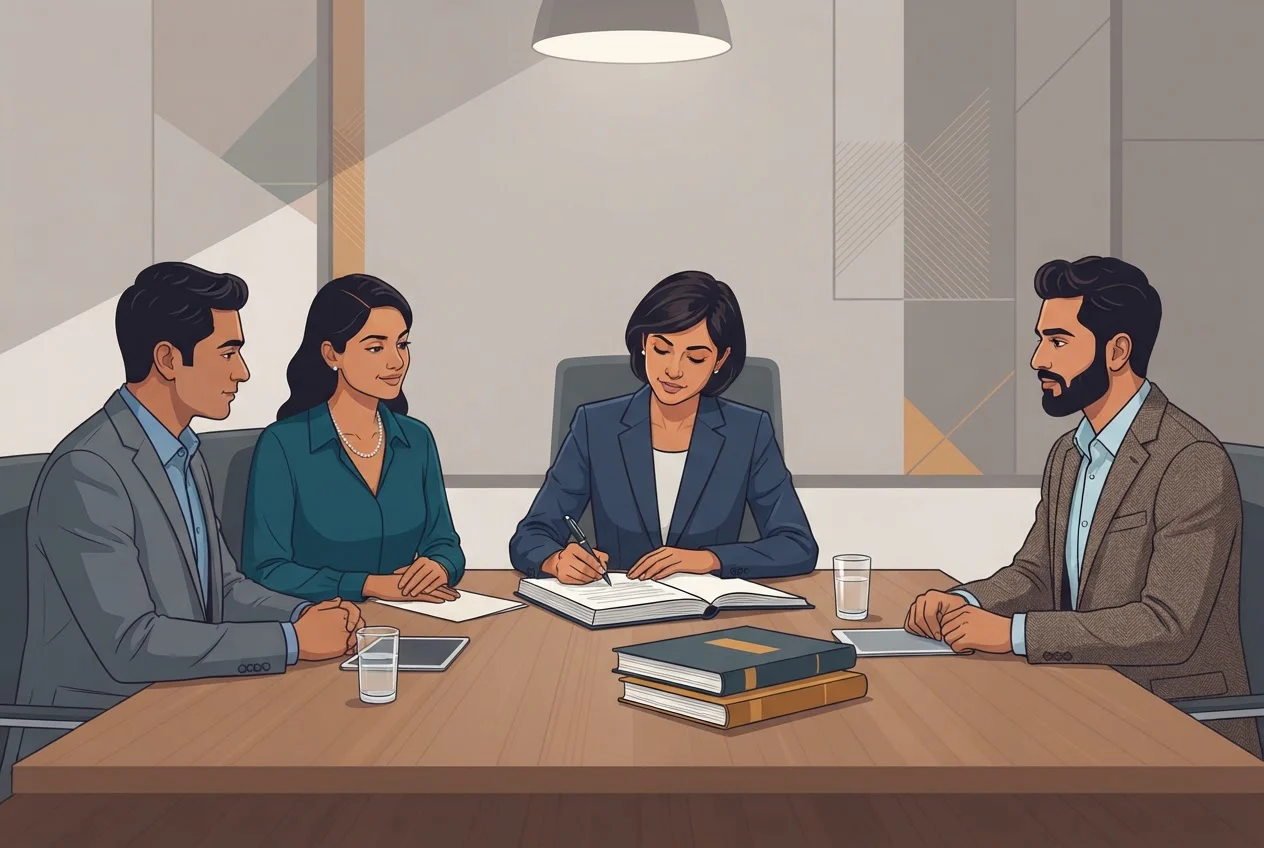 A steering committee sits at a boardroom table as the chair signs a document, with other papers stacked beside it.