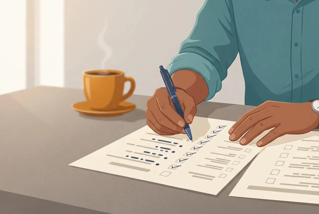 A reviewer's hands tick off rows on a printed checklist sheet with a pen.