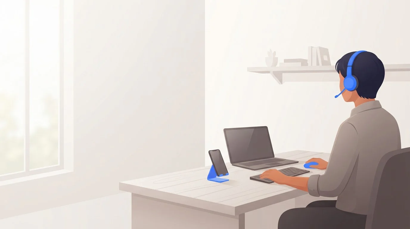 A sales rep wearing a headset works at a tidy desk with a laptop and a phone on a stand in a bright small office.