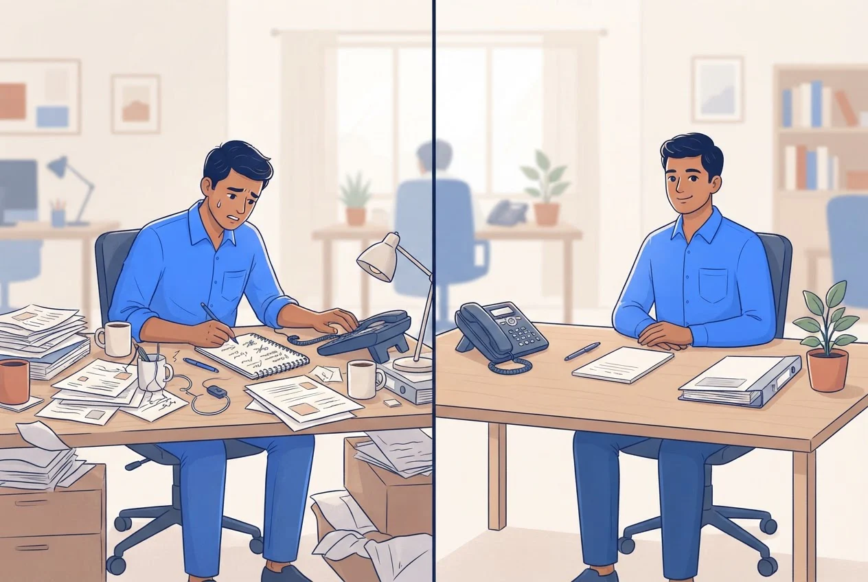 Two views of the same desk: cluttered with handwritten notes after a call, and tidy and ready for the next call.