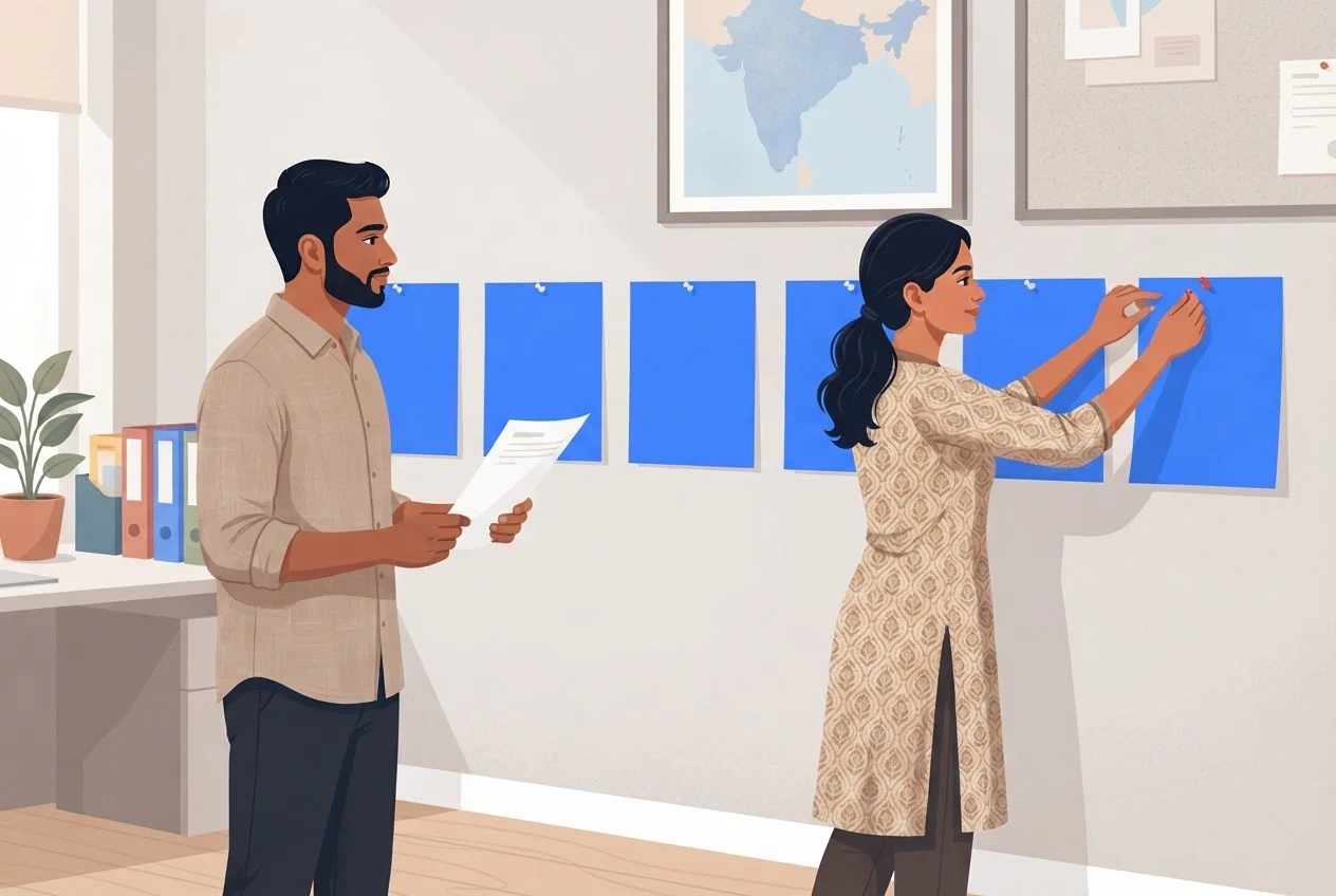Two sales reps pin a row of seven blank cards to an office wall while one holds a printed call log.