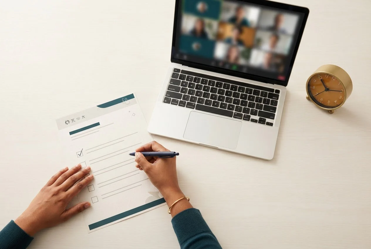 Hands tick off a five-row checklist beside a printed course outline, a laptop and a small clock.