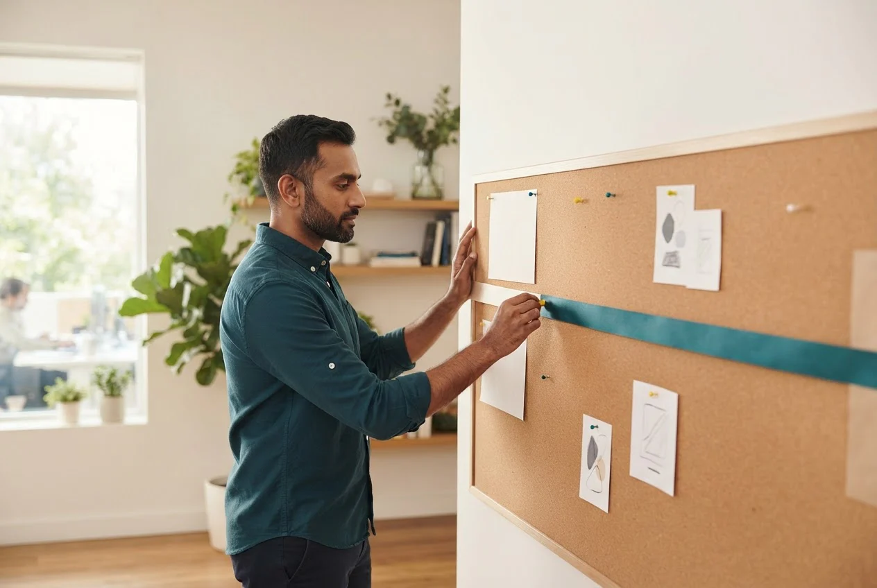 A man pins a marker on a long ribbon stretched across a corkboard, showing time accumulated toward a threshold.