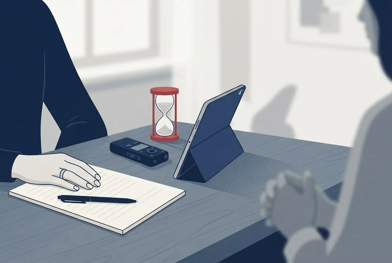 A moderator's desk with a notepad, pen, audio recorder, sand timer and an upright tablet facing a participant.
