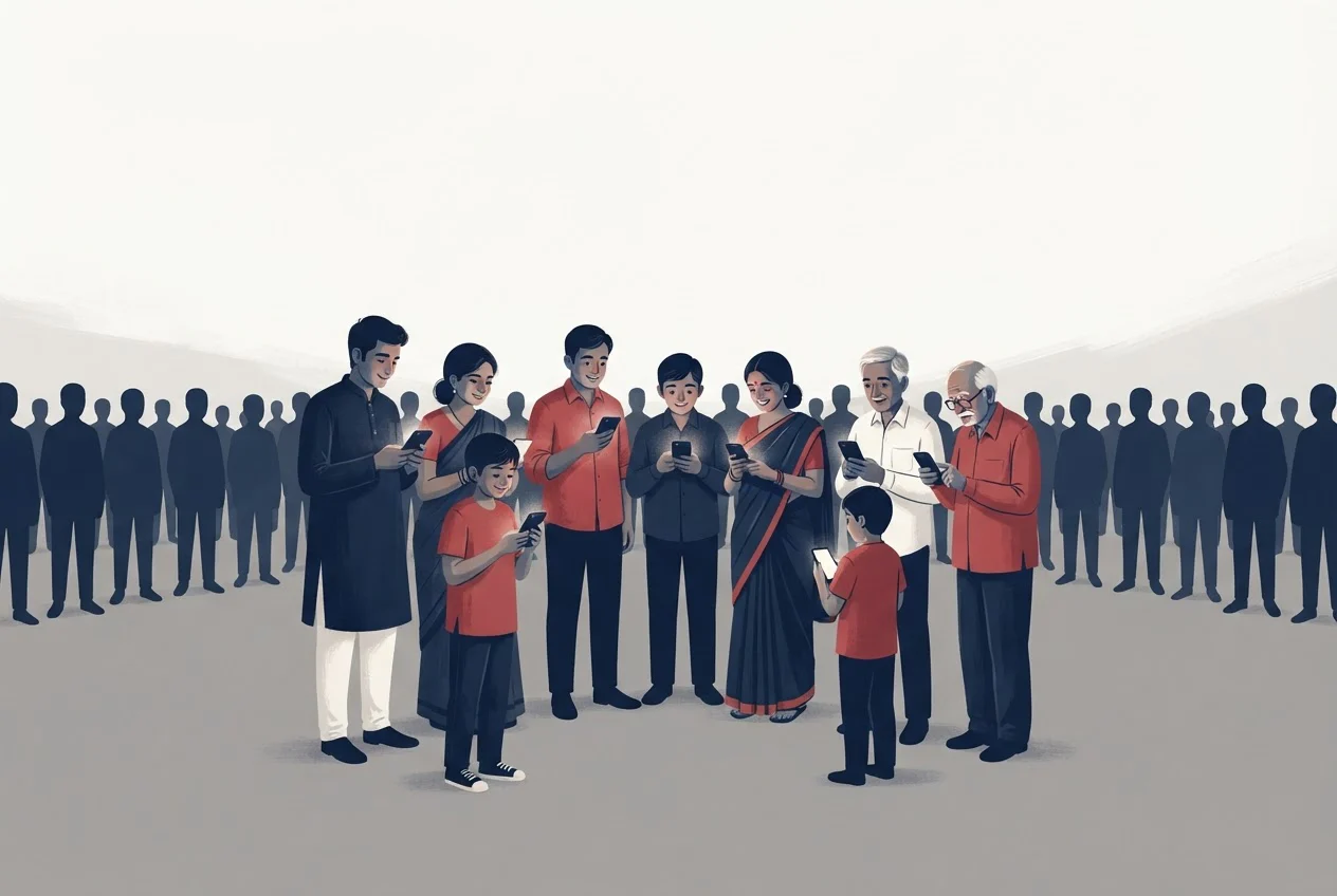 A small group of people holding phones stands in front of a much larger crowd of simple silhouettes.