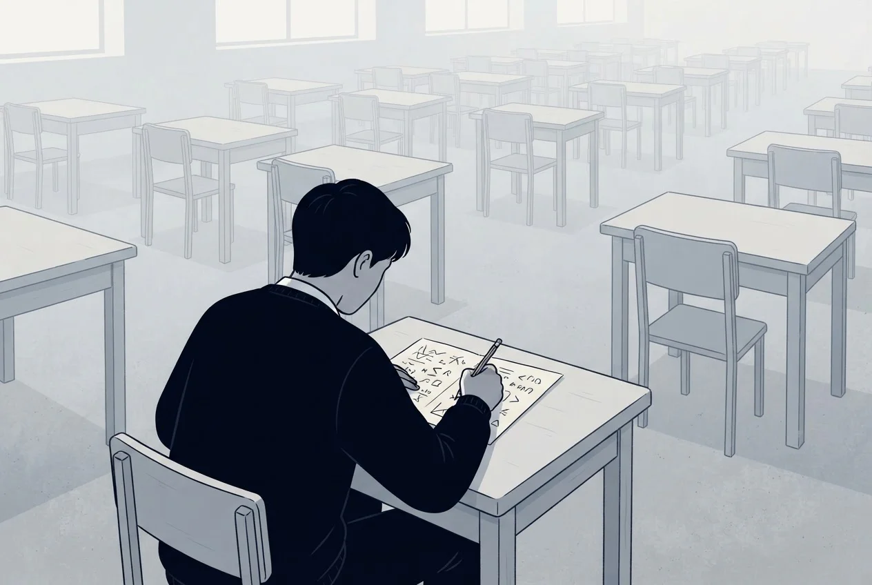 A student works on a paper at a desk in a quiet exam hall with rows of empty desks behind them.