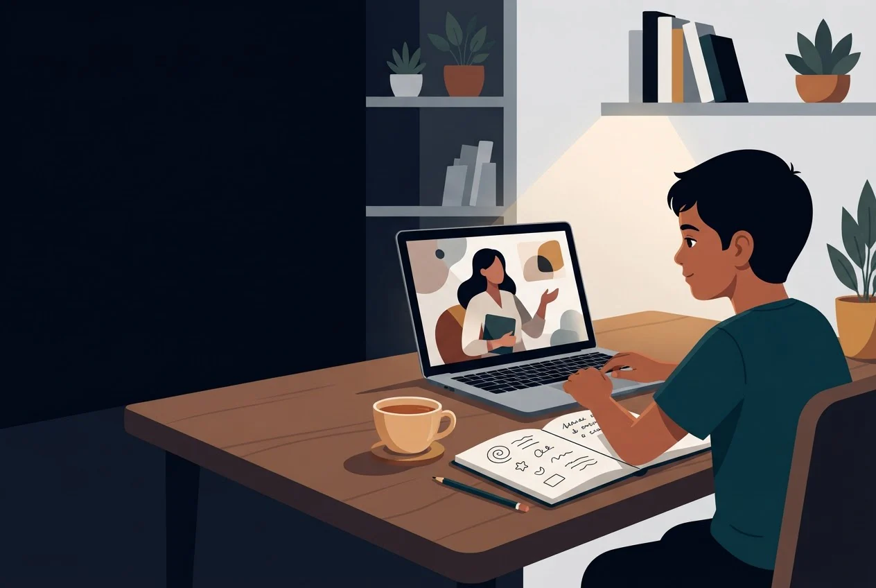 A learner at a table follows a live online class on a laptop while taking notes in a notebook.