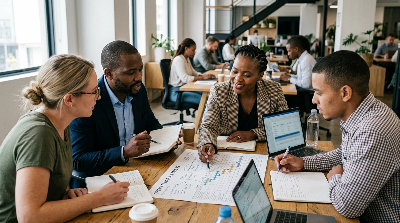 Founder and managers reviewing an operating plan