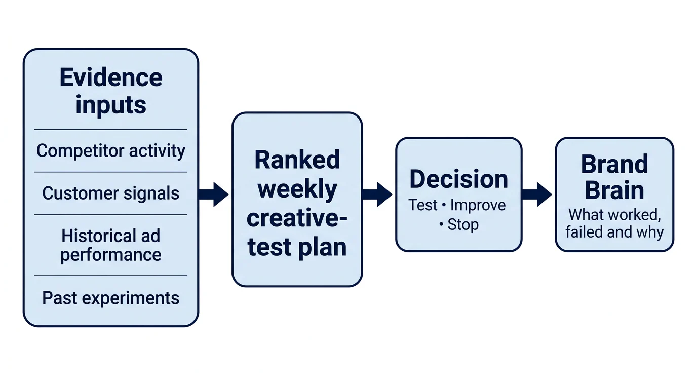 A left-to-right workflow shows four evidence inputs feeding a ranked weekly test plan, then a test, improve or stop decision, then retained creative learning.