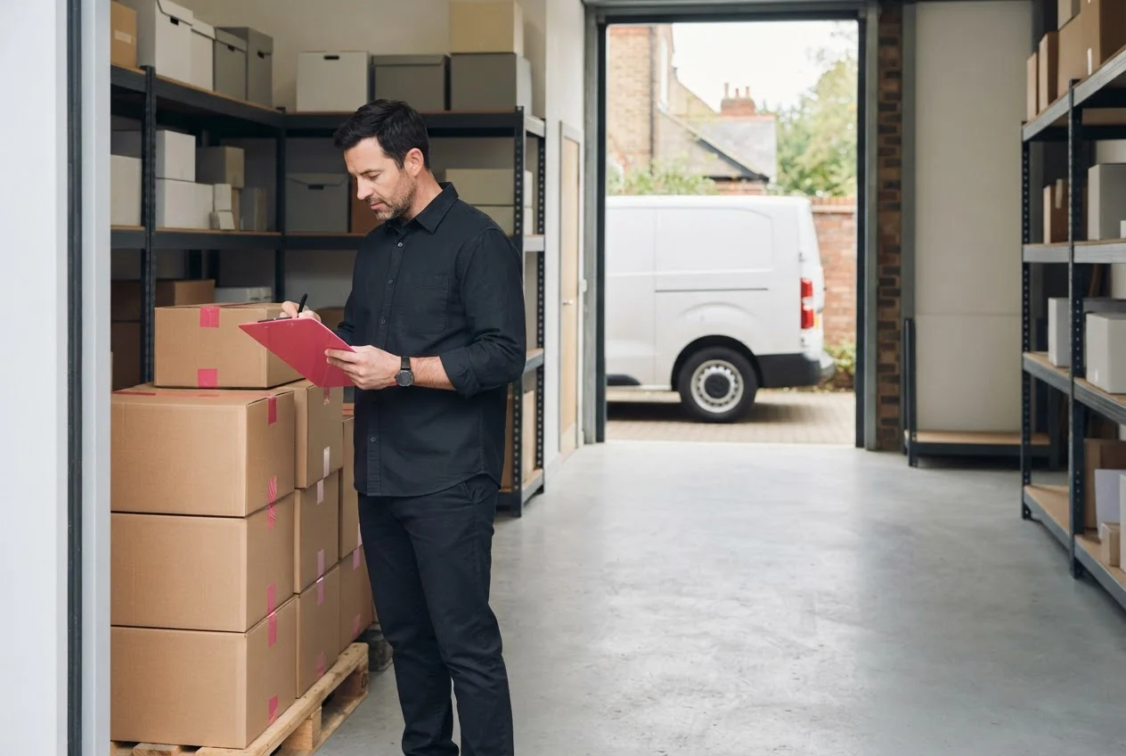 A storekeeper at a warehouse door checks delivered cartons against a clipboard.