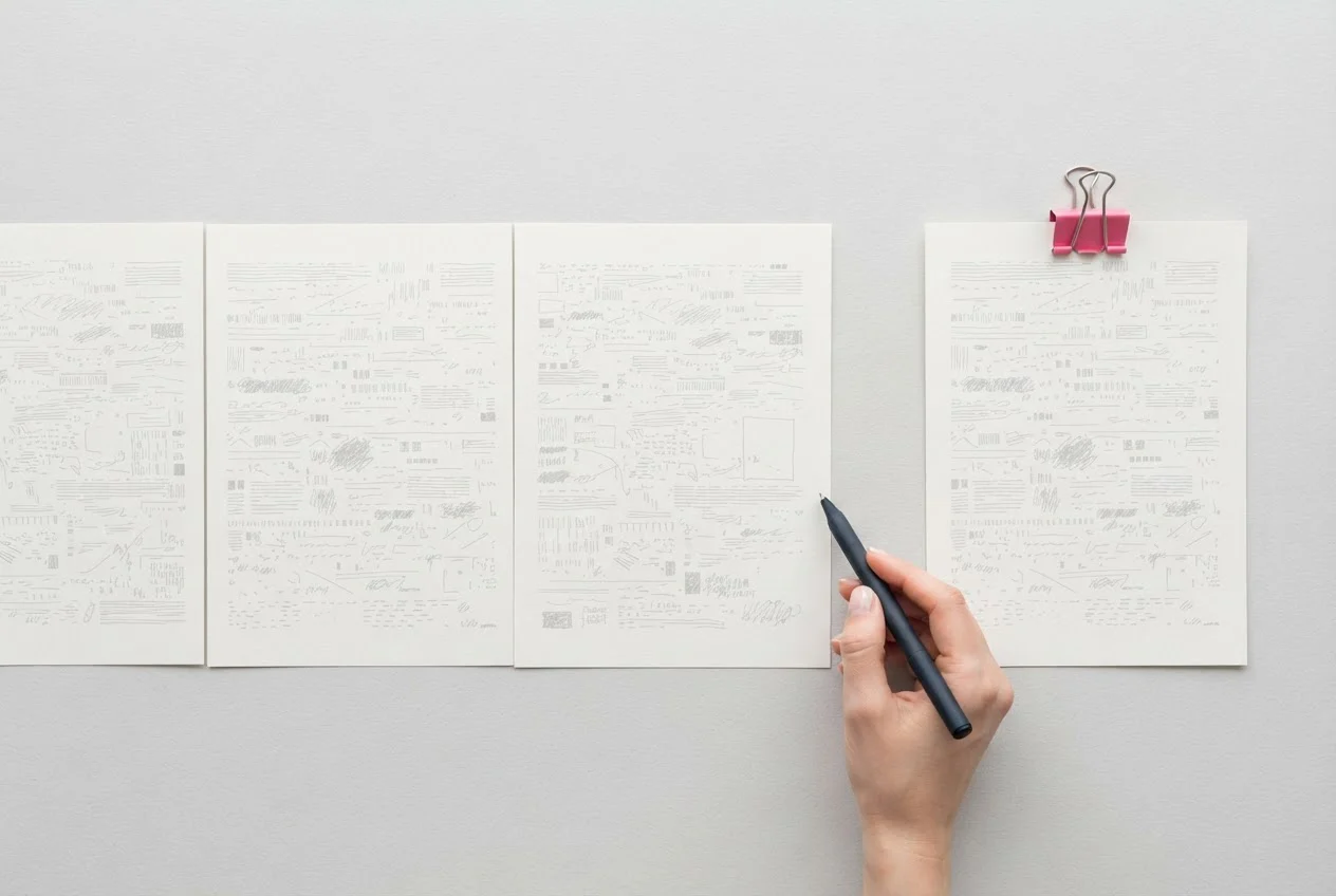 Three matching papers lie in a row on a desk while a fourth is clipped and set aside.