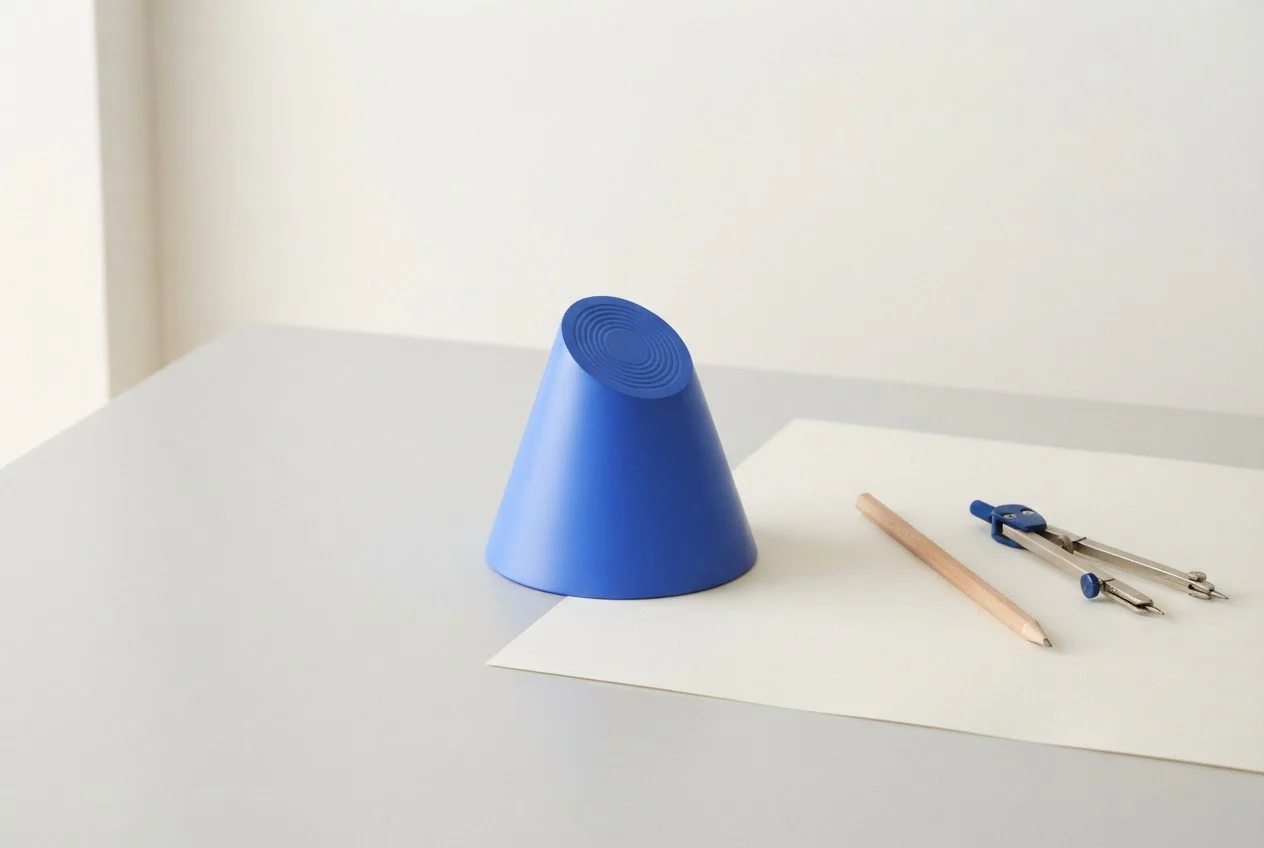 A blue truncated cone model on a desk next to a blank drawing sheet, pencil and compass.