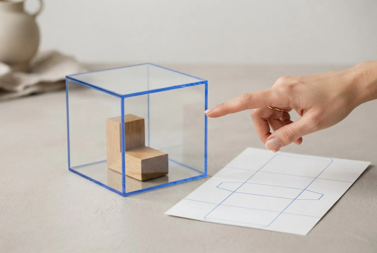 A wooden block inside a glass box next to a flat sheet showing the box faces unfolded.