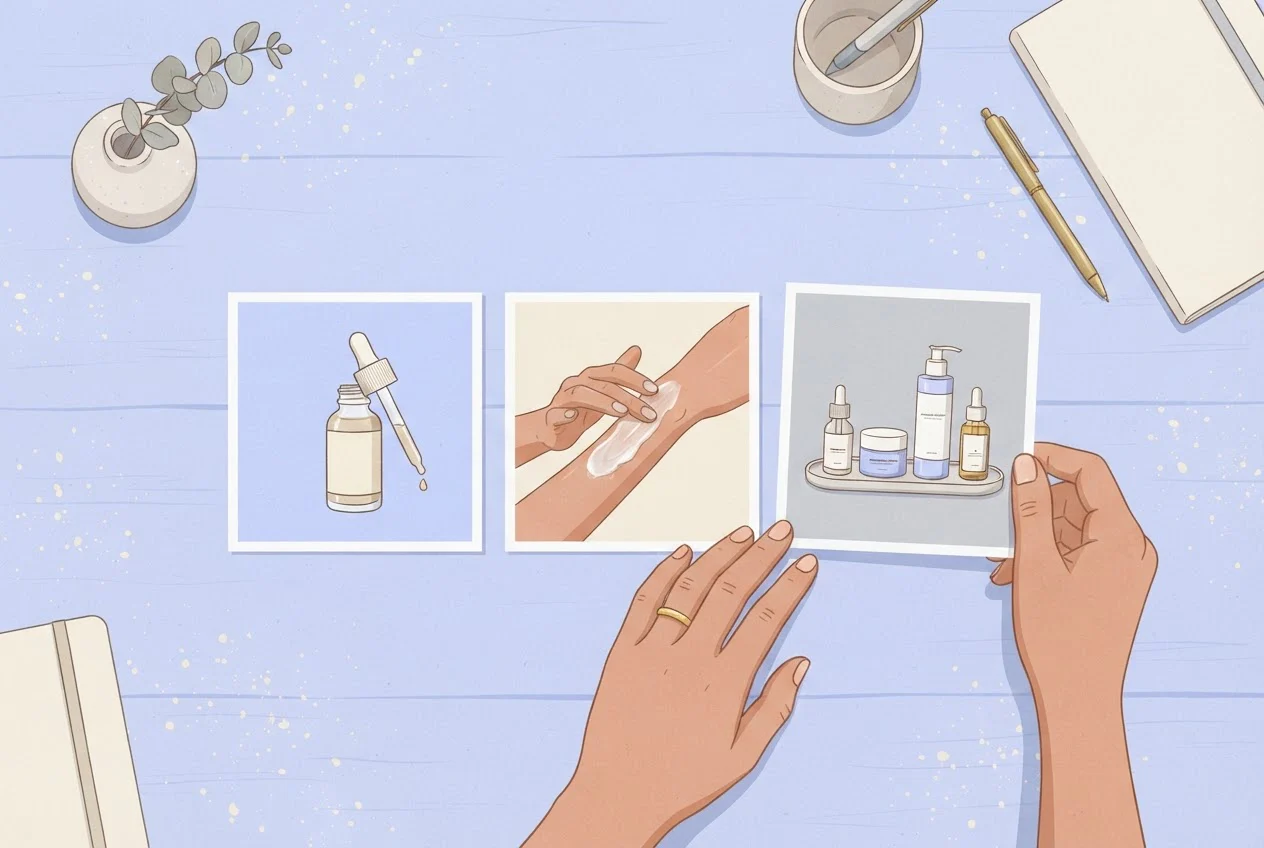 A brand owner arranges three skincare image cards side by side on a desk: a dropper close-up, a hand applying cream, and a routine flat-lay.