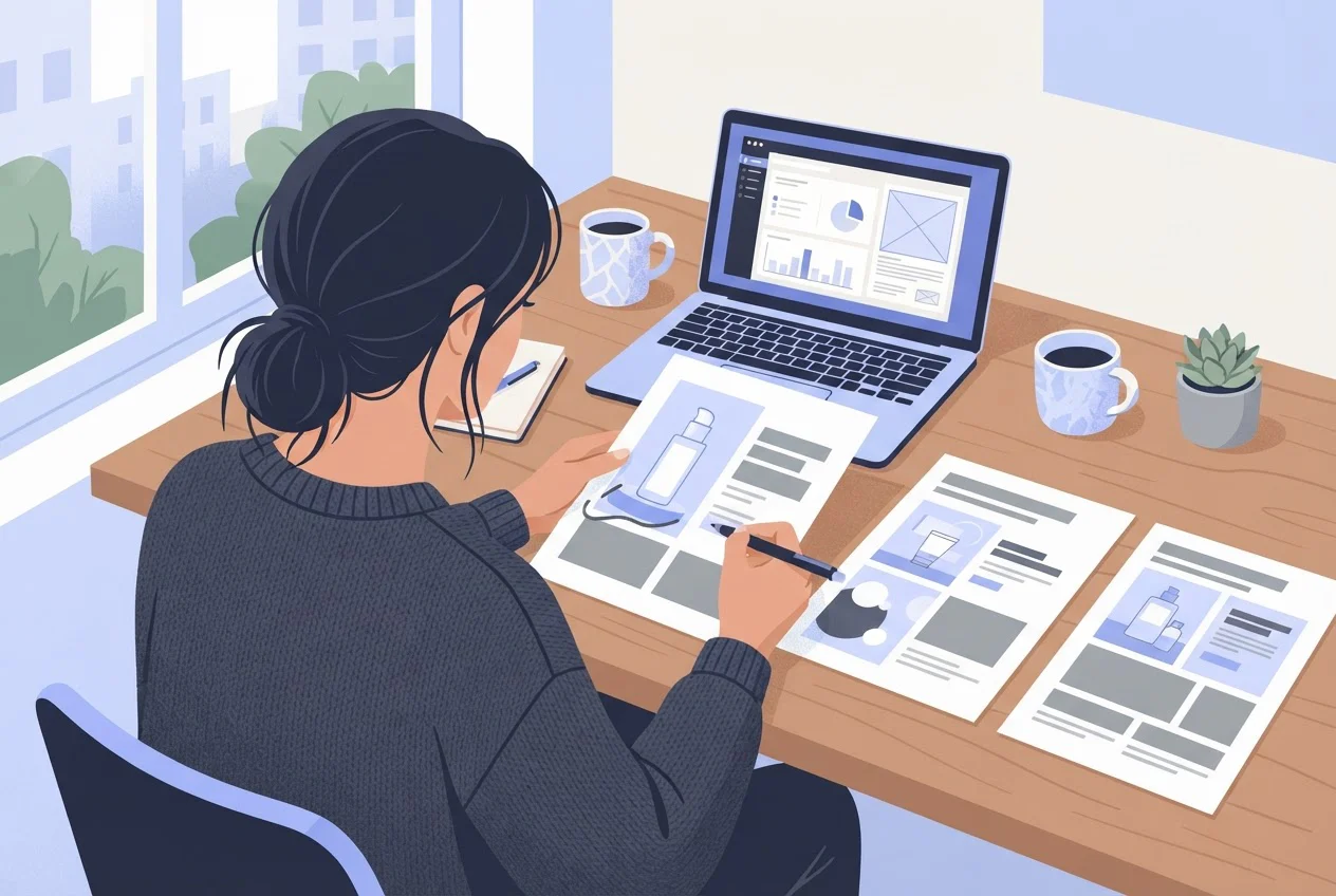 A marketer marks up a printed skincare ad mock-up at a desk with several other printed versions laid out beside a laptop.