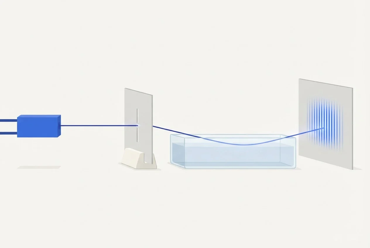 A laser, double-slit card, water trough and screen arranged in a line on a table, with fringes on the screen.