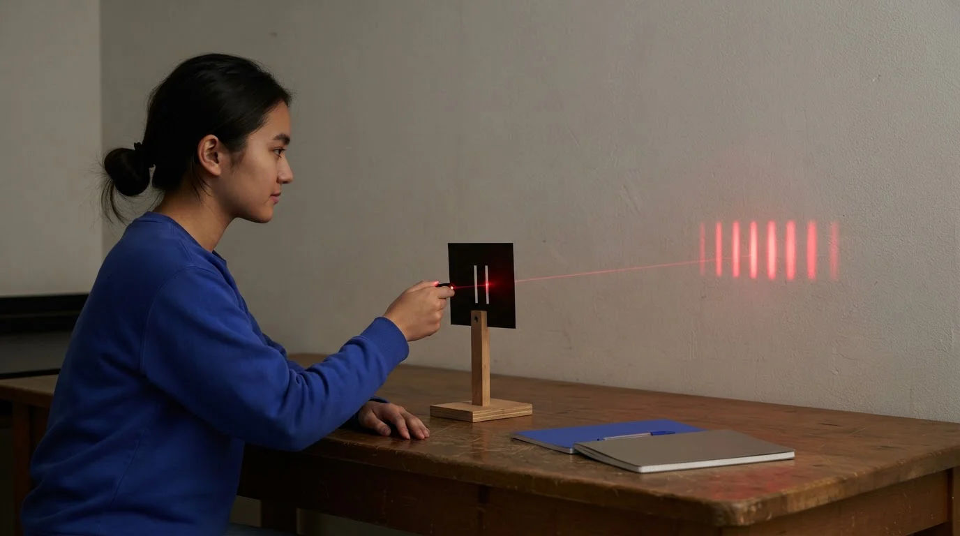 A student shines a laser through a two-slit card onto a wall, where a row of bright and dark fringes appears.