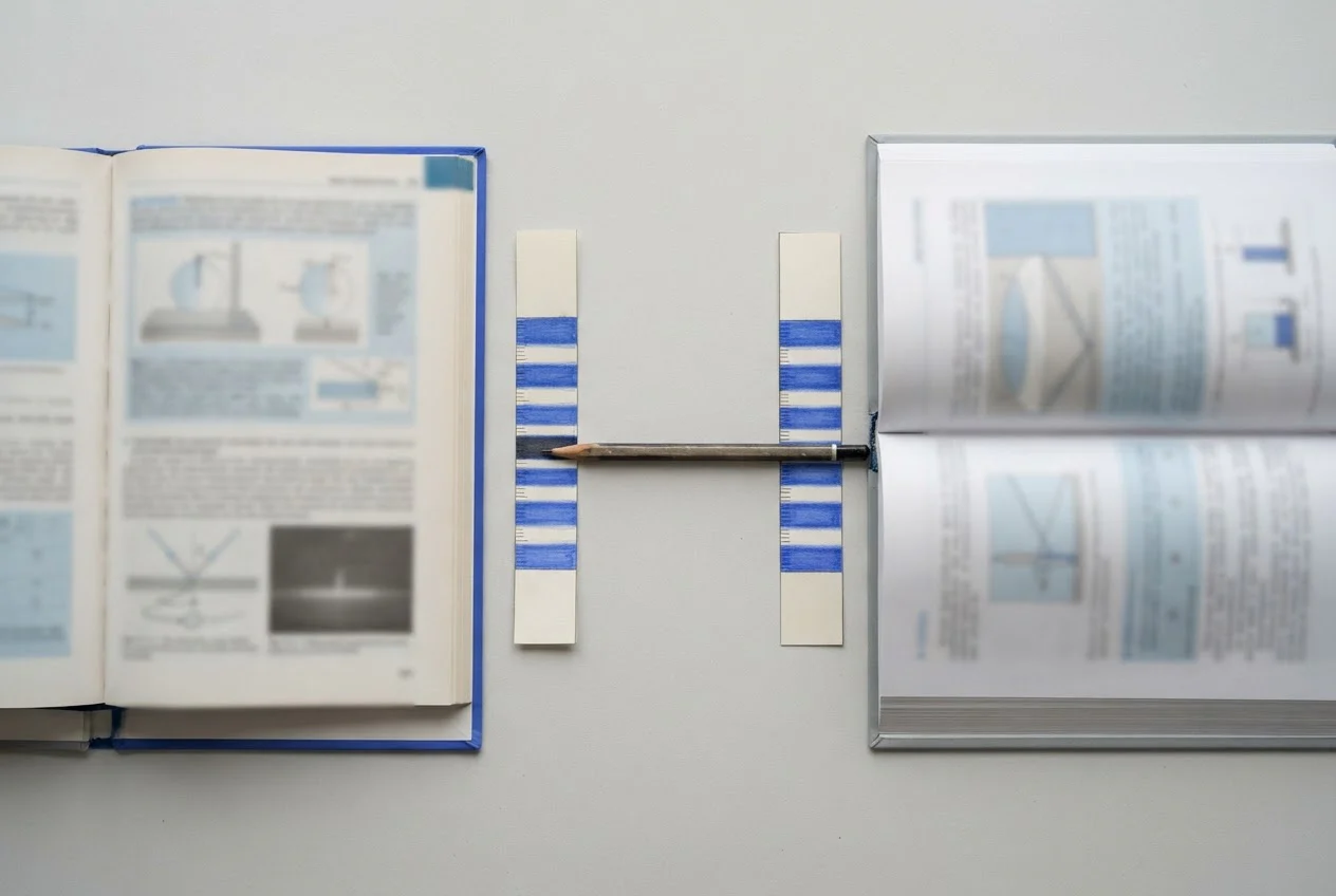 Two open textbooks on a desk, each with a strip of fringes and a pencil pointing at the first dark band.