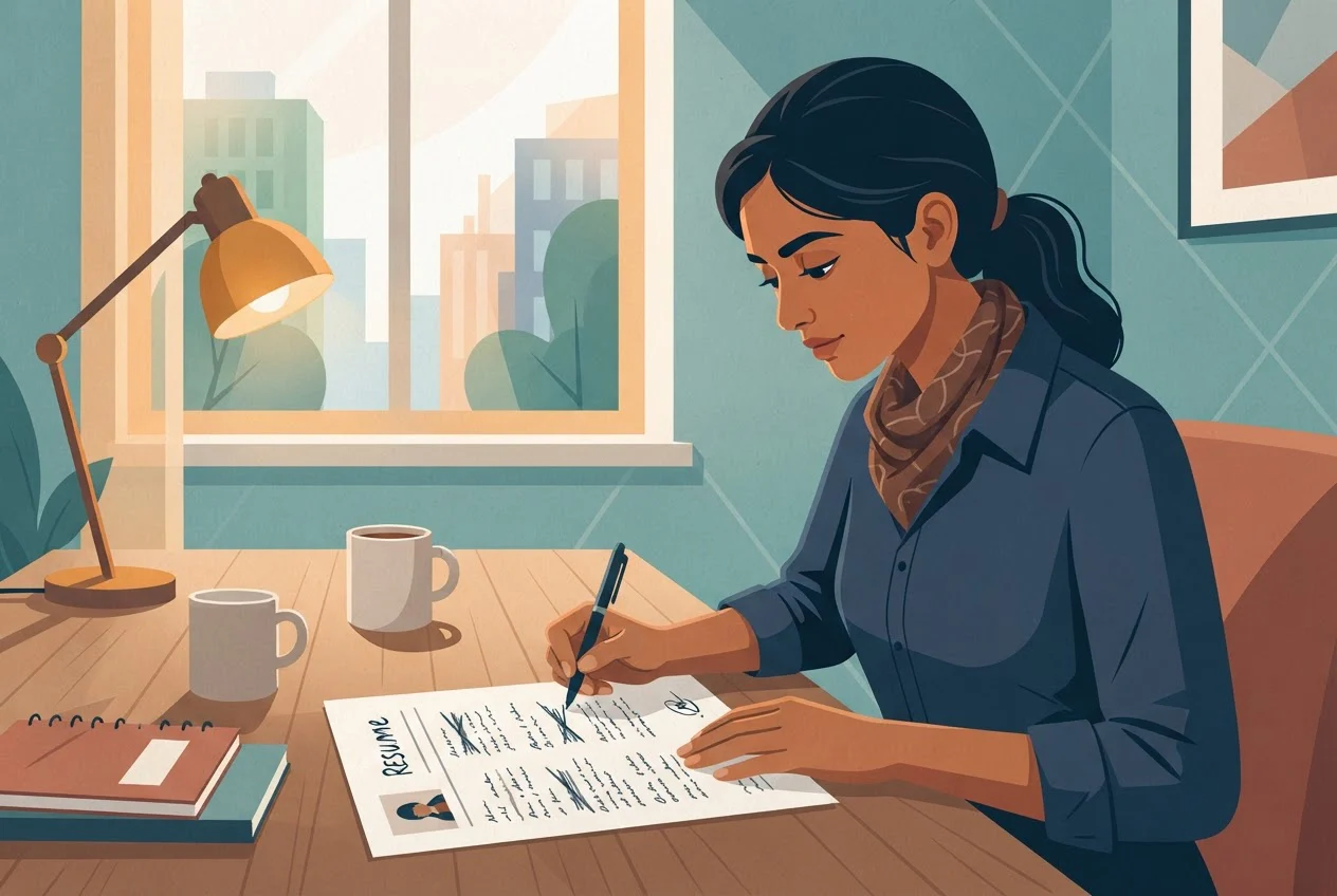 A professional at a desk crosses out vague lines on a printed resume and writes sharper ones above them.