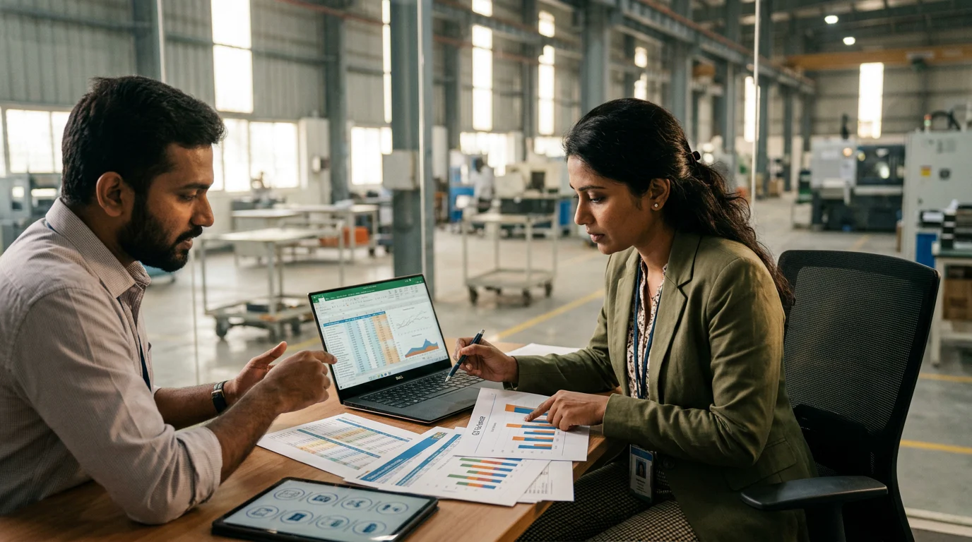 Manufacturing finance professional reviewing cost and margin analysis