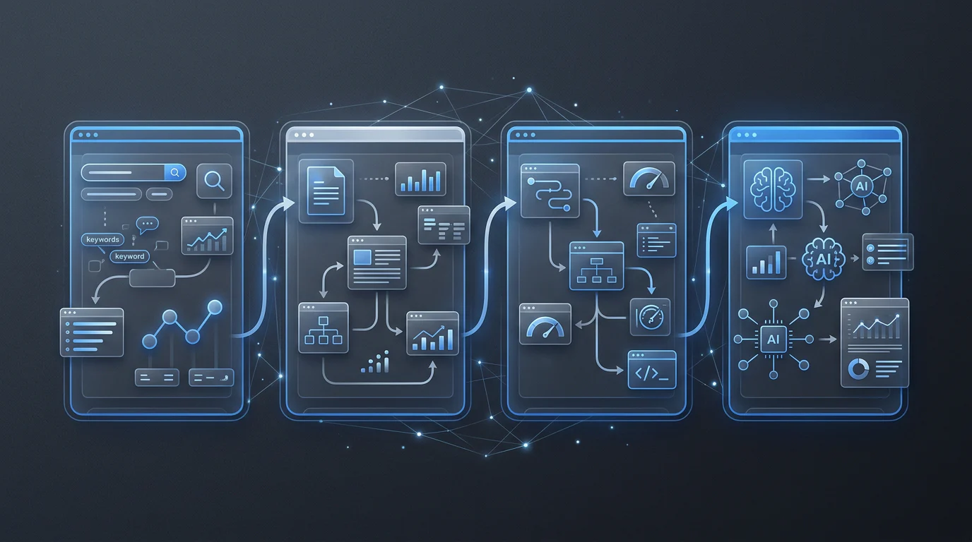 Four connected AI SEO workflow lanes