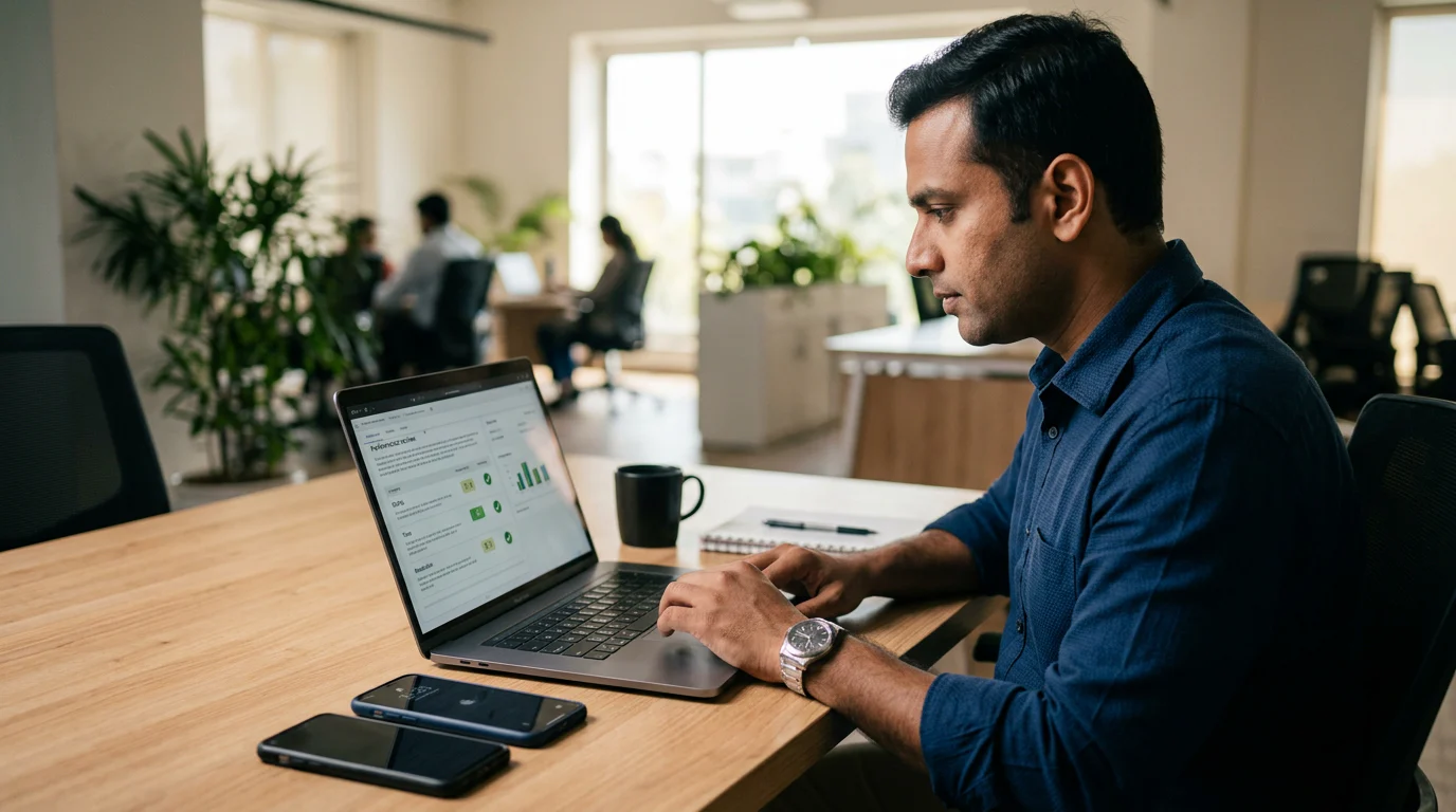 Manager reviewing mobile sales call quality test results