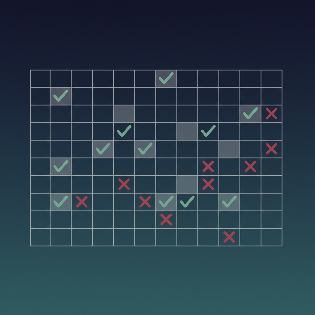 A stylized, abstract spreadsheet grid with clean rows and columns, showing green checkmarks and red crosses to represent tracking data.