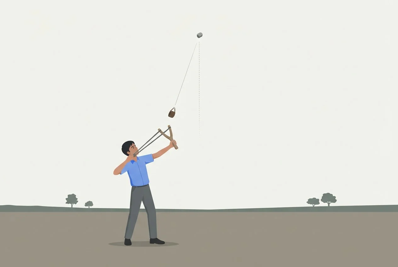 A schoolboy fires a stone straight upward from a catapult on open ground, with a dotted line tracing its path.