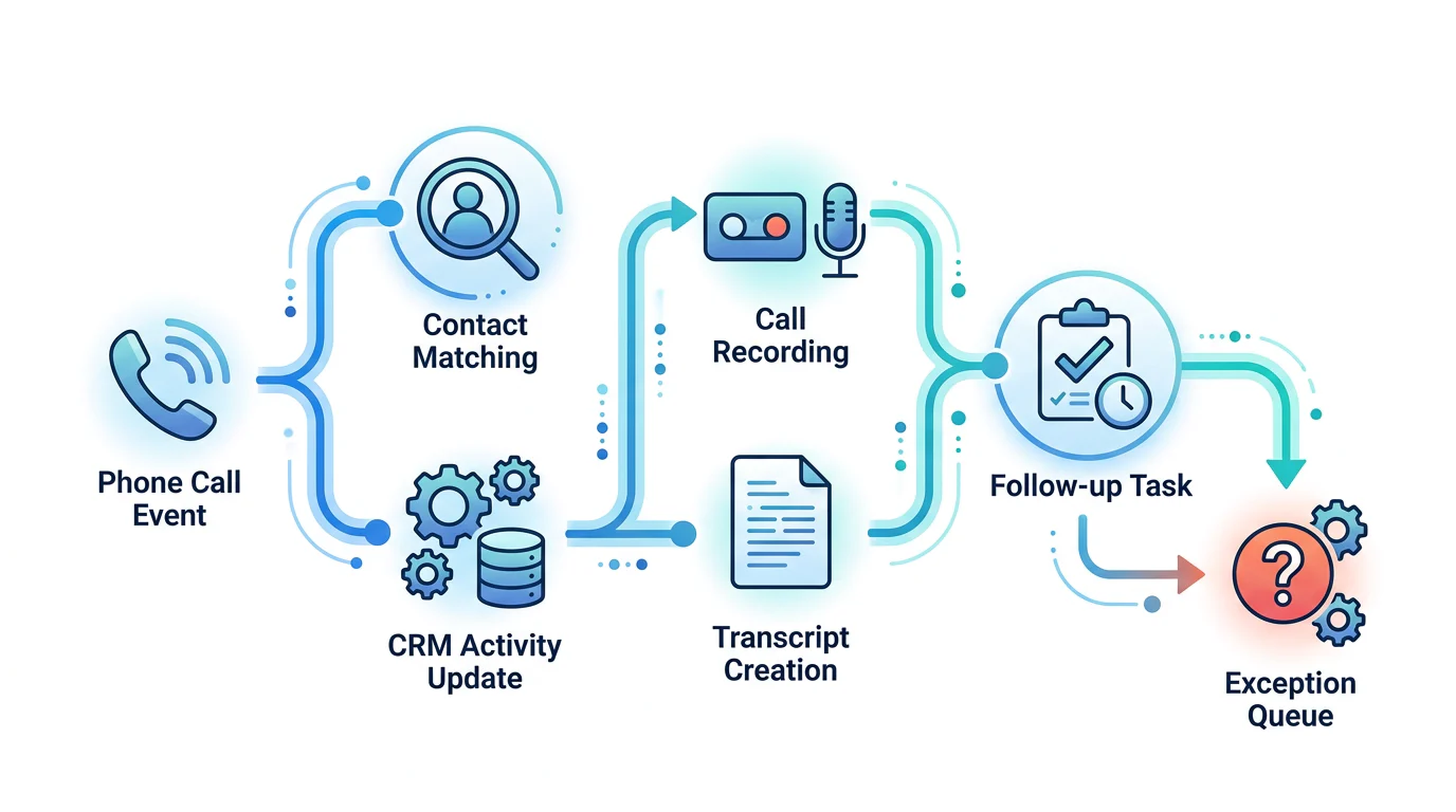 CRM call logging data flow from phone event to task