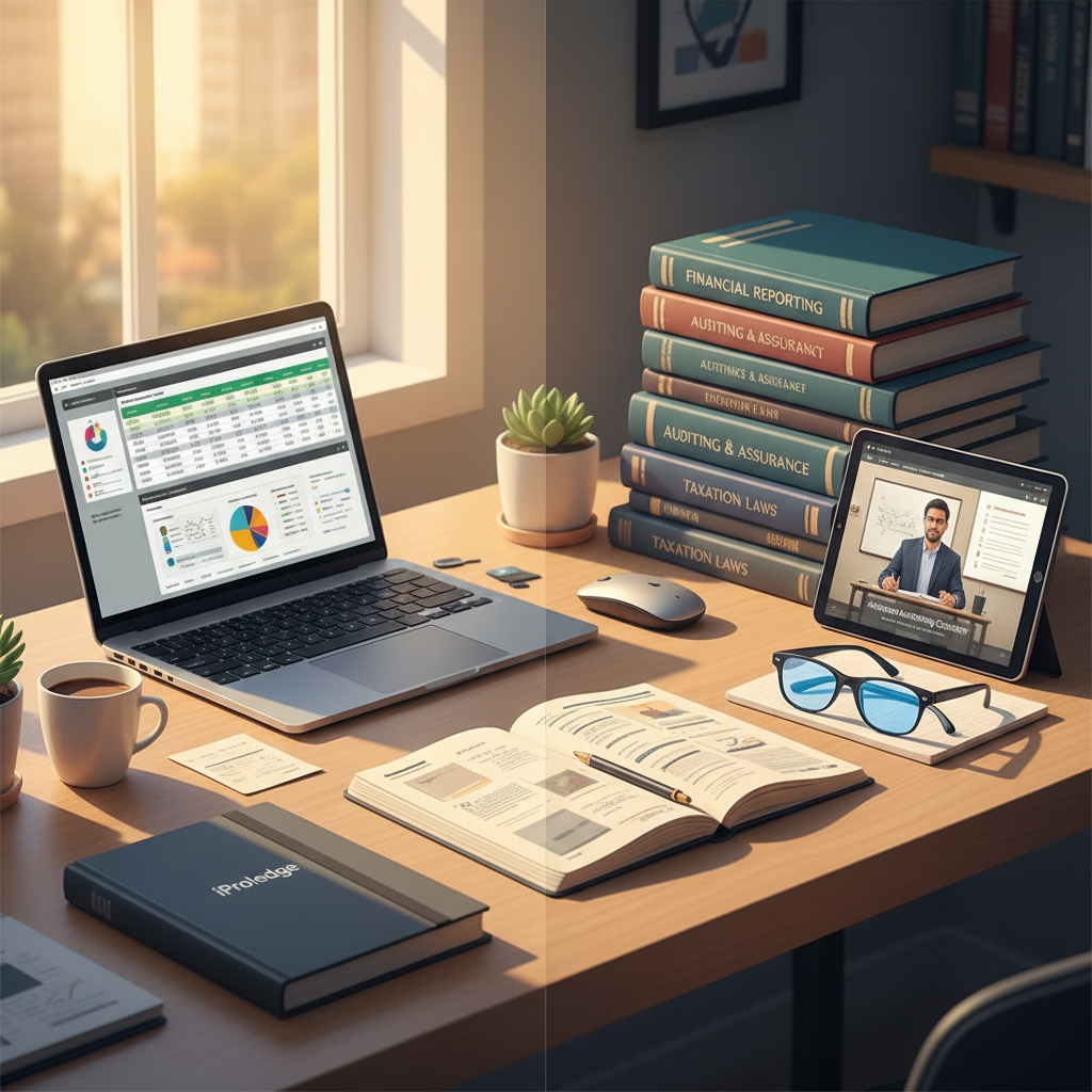 A dual-purpose workspace showing a laptop with financial spreadsheets alongside CA study materials.